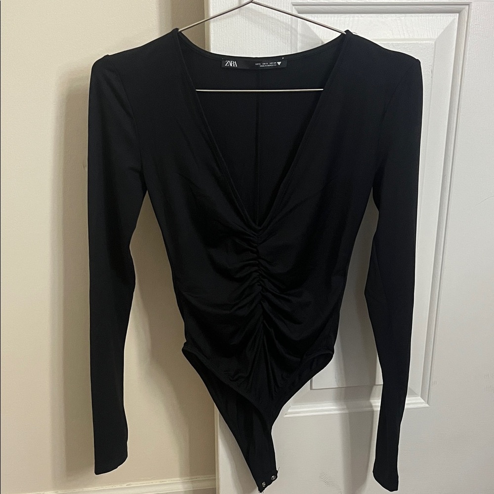 Zara Women’s Elegant Black Ruched Bodysuit Spandex Size S